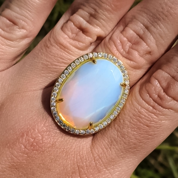14k Gold Opal Gemstone Adjustable Statement Ring Plated in 14k Gold - Picture 4 of 16